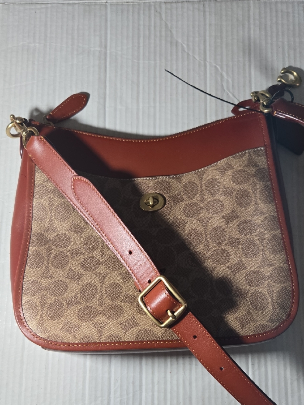 Coach Tan Signature Canvas and Rust Leather Crossbody Bag